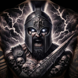 spartan-in-art-surrealism-enigmatic-light-for-back-of-neck – tattoo design ideas free ai generated – Gallery: warriors-inkby-ai