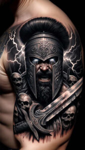 spartan-strength-and-battle-motif-surrealism-shifting-shapes-for-shoulder-blade – tattoo design ideas free ai generated – Gallery: warriors-inkby-ai