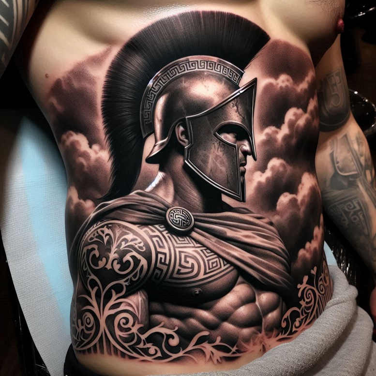 warriors tattoo design ideas realistic shadowing armor shape for lower chest