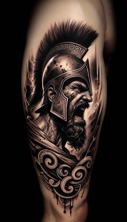 spartan-strength-and-battle-motif-surrealism-unreal-light-for-heel – tattoo design ideas free ai generated – Gallery: warriors-inkby-ai