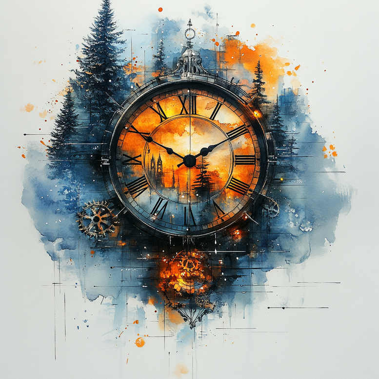 Clock, gears, pine trees, and a sun glow in blue and orange watercolor; full-color tattoo design project; not ideal for cover-up.
