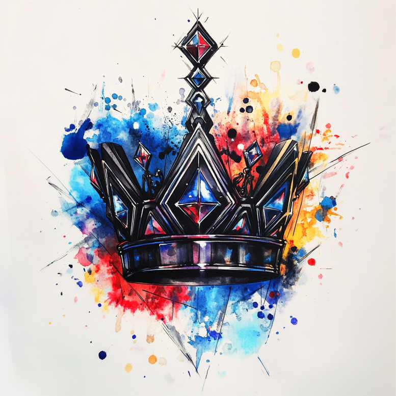 Crown with diamond-shaped gems in black ink with blue and red accents, mounted over a multicolor watercolor splash; color tattoo project; not suited for a cover-up.