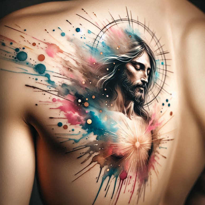 Portrait of a bearded man with flowing hair, halo ring behind the head, full-color watercolor splash across the back; AI-generated tattoo project; pattern.