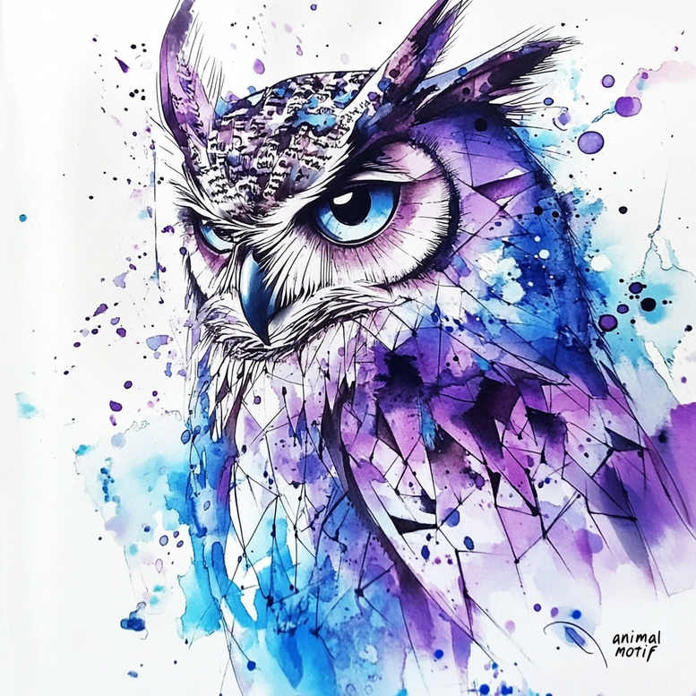 Owl with blue and purple watercolor splashes and bold black linework; tattoo project idea; not a cover-up; pattern elements visible.