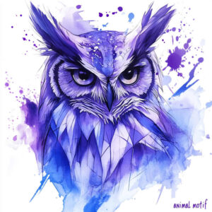 Owl in colorful purple and blue watercolor; tattoo project idea; not ideal for cover-up.