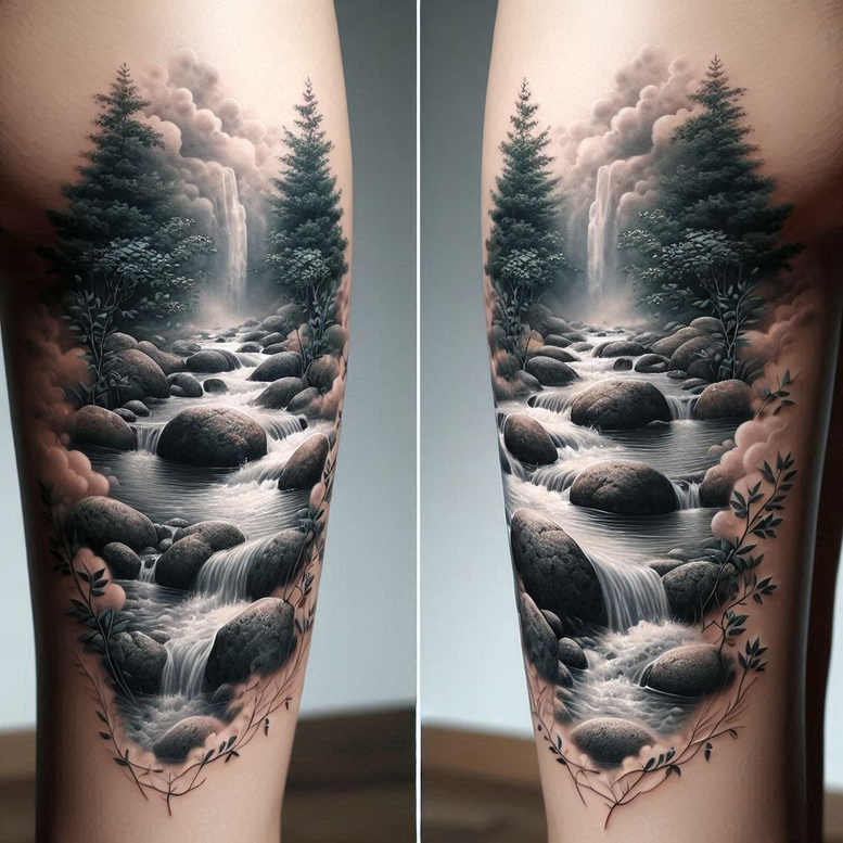 Waterfall, rocks, river, trees, clouds, and plants in black and grey; AI-generated tattoo project; suitable for cover-up.
