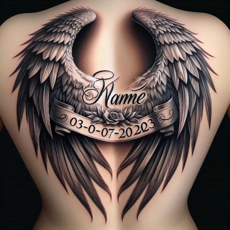 Back tattoo in black and grey, wing design with two wings forming a heart, banner reading Name and a date, rose at center; project idea, suitable for cover-up.