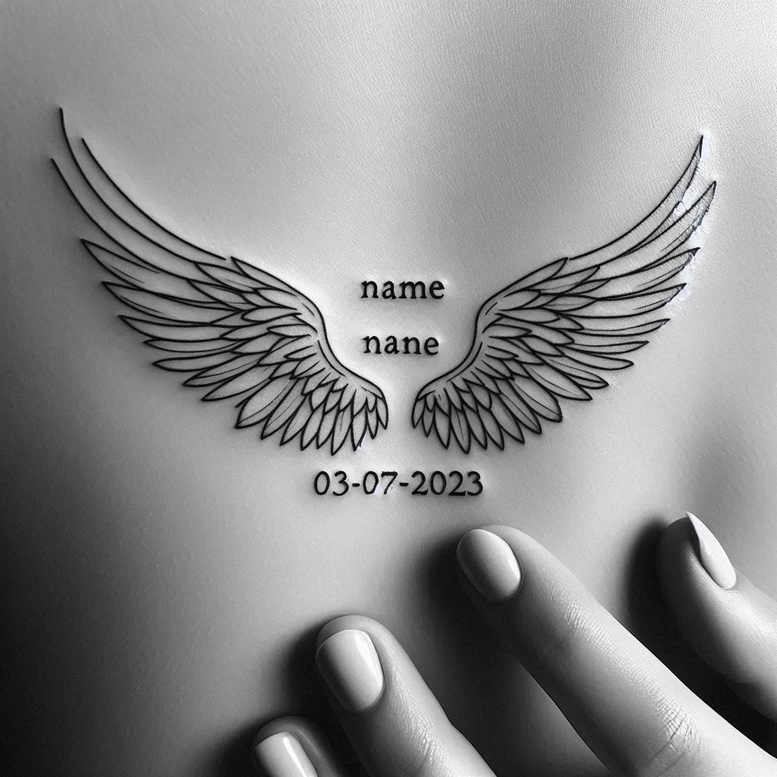 Wings in black and grey ink with name text and date; tattoo project; cover-up suitable; pattern.