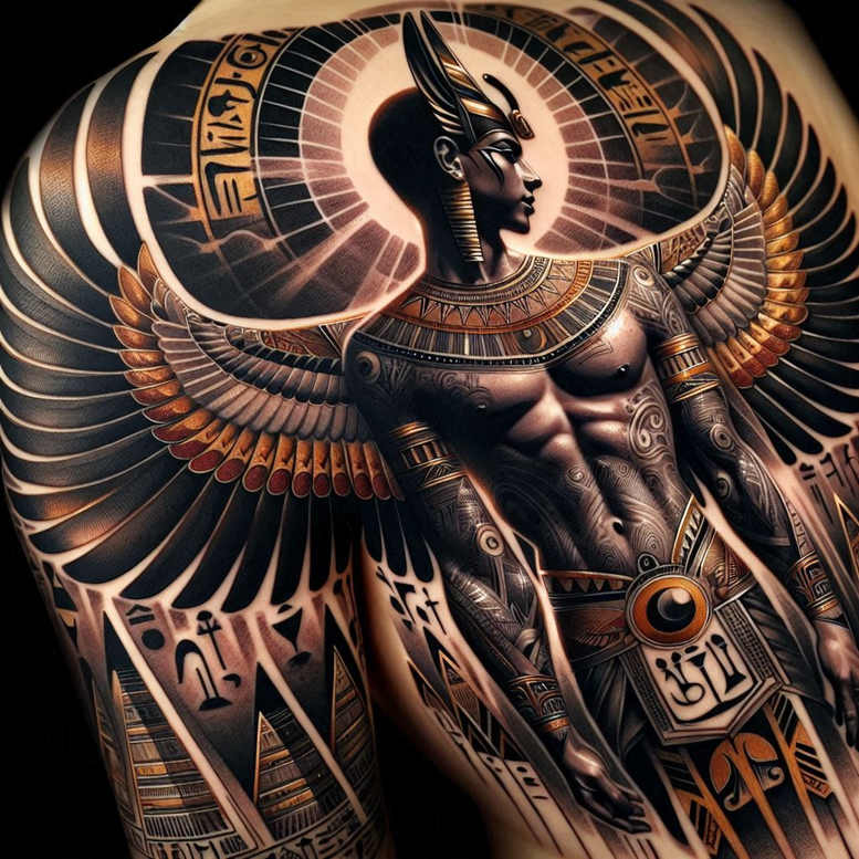 Horus-inspired winged god tattoo in black and grey with subtle gold highlights, showing a winged figure with a sun disk, ornate collar, and outstretched wings; concept design, cover-up friendly.