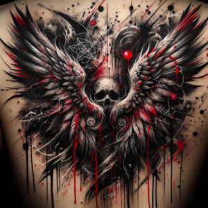 Skull at center with black and grey wings, red splashes, and splatter background; geometric shape above; black and grey tattoo design concept; perfect for a cover-up.