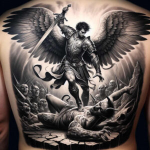 Back tattoo in black and grey showing a winged armored angel standing over a fallen demon, with a crowd of faces in the background; AI-generated tattoo project; perfect for a cover-up.