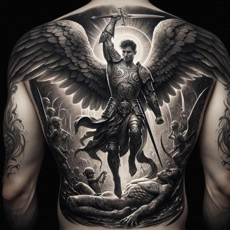 Back view of a winged warrior in black and grey armor with sword and wings; demons and a lone figure in battle; cover-up ready, pattern-rich tattoo project.