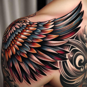 angelic-motif-wings-tattoo – tattoo design ideas free ai generated – surrealism-enigmatic-visuals – for-neck – Gallery: wings-inkby-ai