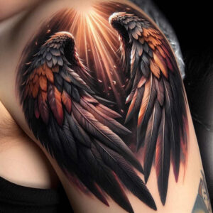 transcendence-motif-wings-tattoo – tattoo design ideas free ai generated – neotraditional-layered-fill – for-upper-thigh – Gallery: wings-inkby-ai