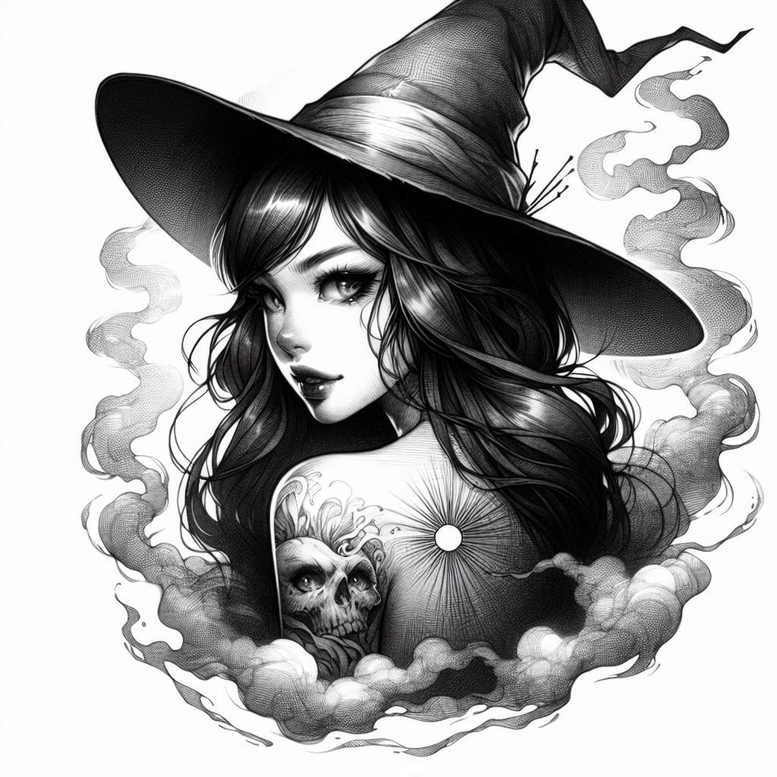 Black and grey illustration of a witch with a wide-brim hat, clouds, and skull tattoo on the shoulder; tattoo project; cover-up suitable.