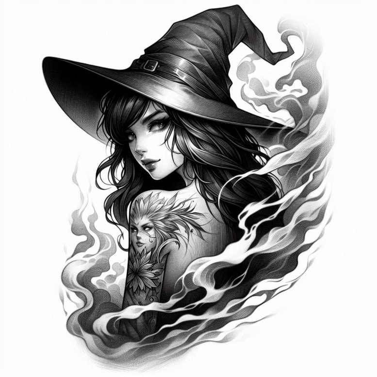 Black and grey illustration of a woman wearing a witch hat, with smoke swirls and a floral tattoo on her arm; AI-generated tattoo project; suitable for a cover-up.