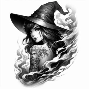 witches tattoo design ideas deep-shading veiled seer for upper shoulder