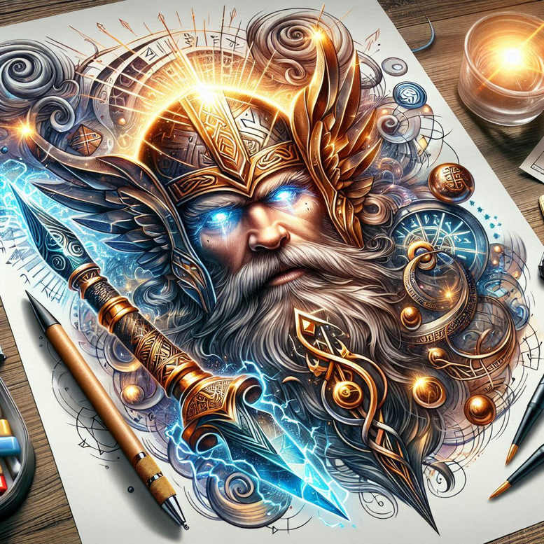 Odin portrait with winged helmet, detailed armor, face and beard, and a glowing blue spear; color tattoo design with ornate orbs and filigree; final design, not a project; not for cover-up.