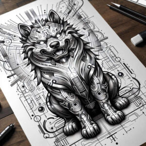Black and grey wolf with circuit patterns and gears; AI-generated tattoo project; suitable for a cover-up.