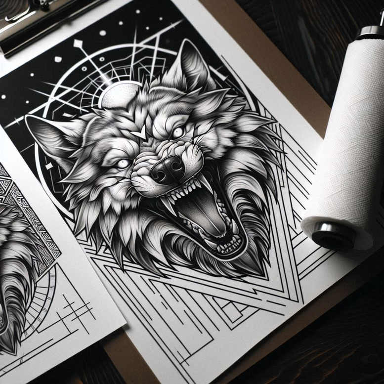 Wolf head, circle behind, frame, lines; black and grey; AI-generated tattoo project; cover-up suitable.
