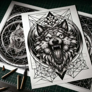 Wolf head tattoo in black and grey with crown-like geometric centerpiece and circle pattern on white paper; pencil and ruler visible; project idea; cover-up-ready.