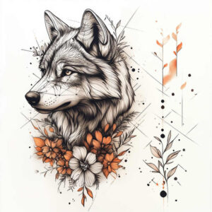 Wolf head in black and grey with orange flowers, leaves, and geometric lines; tattoo project idea; not intended for cover-up.
