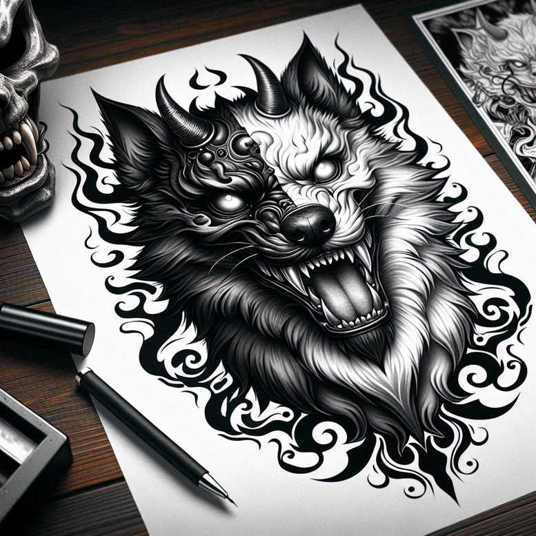 Black and grey wolf head with flames on a white sheet; marker nearby; tattoo project idea, suitable for cover-up.