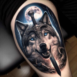 abstract-wolf-tattoo – tattoo design ideas free ai generated – neotraditional-refined-color-palette – for-thigh – Gallery: wolves-inkby-ai