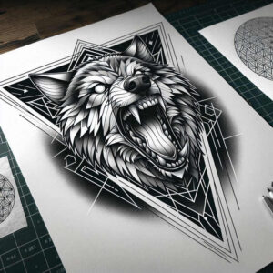 abstract-wolf-tattoo – tattoo design ideas free ai generated – realism-smooth-blackwork – for-ankle – Gallery: wolves-inkby-ai