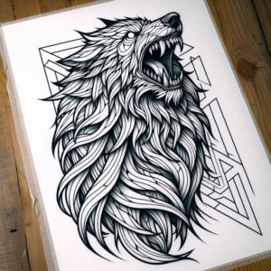 abstract-wolf-tattoo – tattoo design ideas free ai generated – surrealism-imaginative – for-upper-thigh – Gallery: wolves-inkby-ai