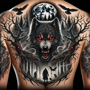 artistic-detail-wolf-tattoo – tattoo design ideas free ai generated – neotraditional-dynamic-color – for-abdomen – Gallery: wolves-inkby-ai