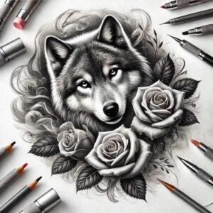 battle-motif-wolf-tattoo – tattoo design ideas free ai generated – realism-dynamic-shadows – for-lower-arm – Gallery: wolves-inkby-ai