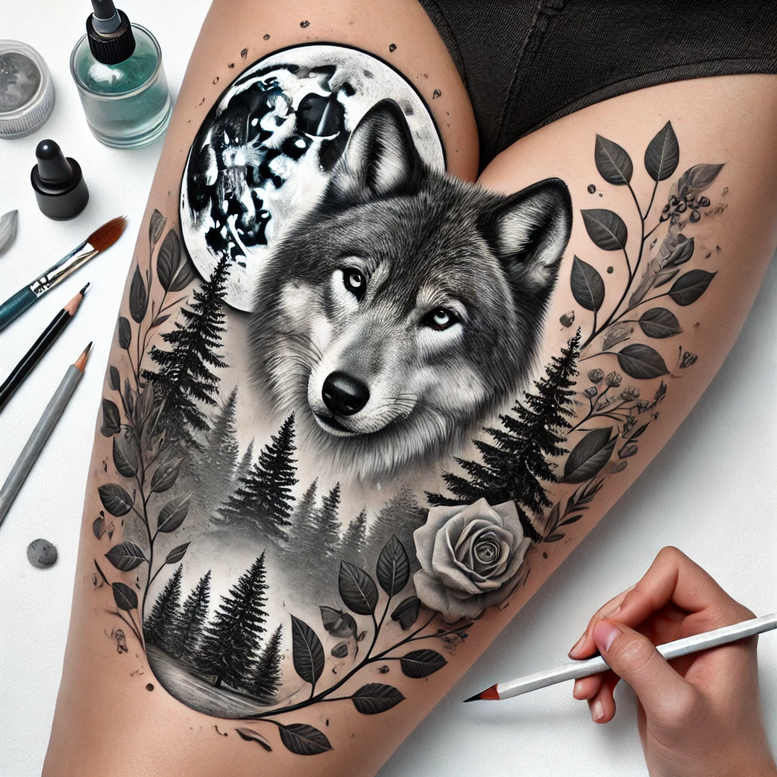 detailed-wolf-tattoo – tattoo design ideas free ai generated – neotraditional-rich-shading – for-lower-leg – Gallery: wolves-inkby-ai