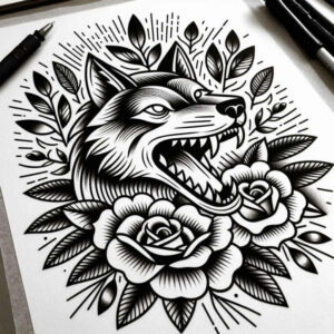 expression-wolf-tattoo – tattoo design ideas free ai generated – neotraditional-subtle-tone – for-shoulder-blade – Gallery: wolves-inkby-ai