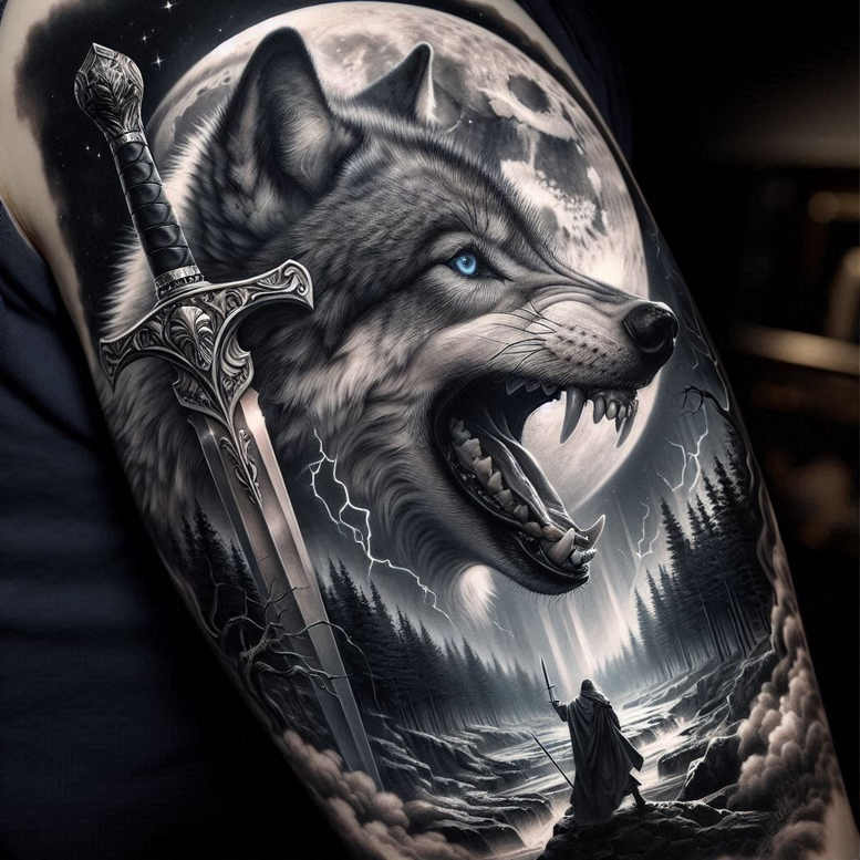 freedom-symbol-wolf-tattoo – tattoo design ideas free ai generated – surrealism-enigmatic – for-chest – Gallery: wolves-inkby-ai
