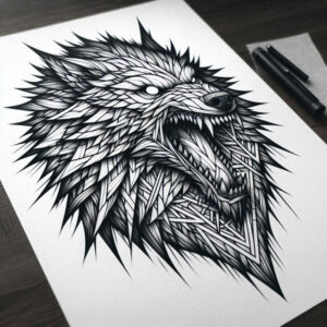 geometric-detail-wolf-tattoo – tattoo design ideas free ai generated – surrealism-chromatic-aberration – for-ribs – Gallery: wolves-inkby-ai
