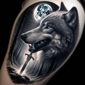 light-effect-wolf-tattoo – tattoo design ideas free ai generated – neotraditional-rich-shading – for-upper-shoulder – Gallery: wolves-inkby-ai