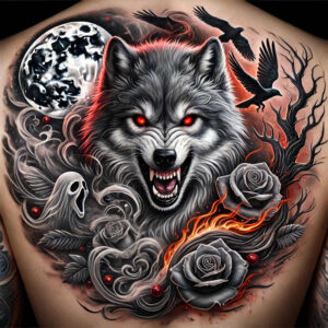 light-effect-wolf-tattoo – tattoo design ideas free ai generated – realism-life-like – for-lower-back – Gallery: wolves-inkby-ai