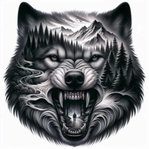 moving-wolf-tattoo – tattoo design ideas free ai generated – neotraditional-vivid-gradients – for-lower-chest – Gallery: wolves-inkby-ai