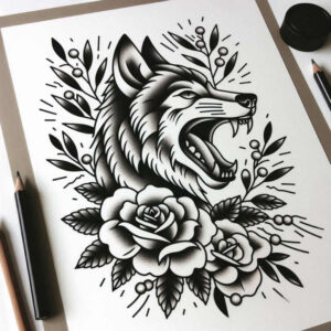 ornament-wolf-tattoo – tattoo design ideas free ai generated – surrealism-melting-forms – for-lower-thigh – Gallery: wolves-inkby-ai
