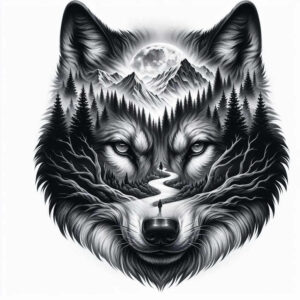 plant-ornament-wolf-tattoo – tattoo design ideas free ai generated – neotraditional-layered-fill – for-forearm – Gallery: wolves-inkby-ai