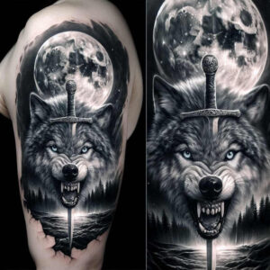 protection-motif-wolf-tattoo – tattoo design ideas free ai generated – surrealism-impossible-forms – for-lower-thigh – Gallery: wolves-inkby-ai