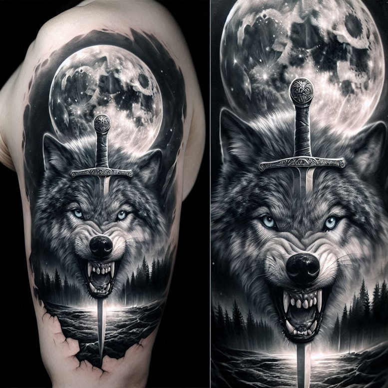 protection-motif-wolf-tattoo – tattoo design ideas free ai generated – surrealism-impossible-forms – for-lower-thigh – Gallery: wolves-inkby-ai