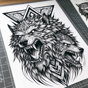 shaded-wolf-tattoo – tattoo design ideas free ai generated – neotraditional-artistic-contrast – for-calf – Gallery: wolves-inkby-ai
