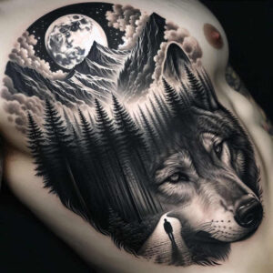 strength-motif-wolf-tattoo – tattoo design ideas free ai generated – realism-clean-lines – for-sternum – Gallery: wolves-inkby-ai