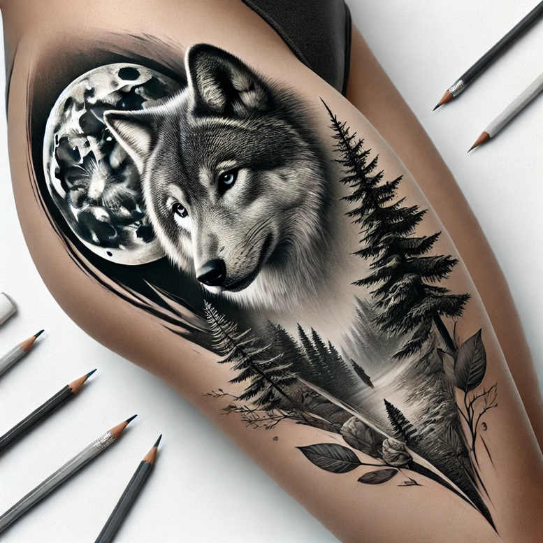 strength-symbol-wolf-tattoo – tattoo design ideas free ai generated – surrealism-imaginative – for-lower-thigh – Gallery: wolves-inkby-ai