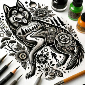 tribal-wolf-tattoo – tattoo design ideas free ai generated – realism-clean-whites – for-temple – Gallery: wolves-inkby-ai