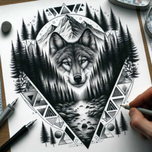 wave-wolf-tattoo – tattoo design ideas free ai generated – neotraditional-refined-lines – for-sternum – Gallery: wolves-inkby-ai
