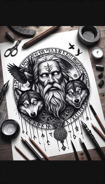 Odin-inspired black and grey tattoo design featuring a central Odin portrait with two animal companions on either side; grayscale shading; concept sketch; cover-up suitable.
