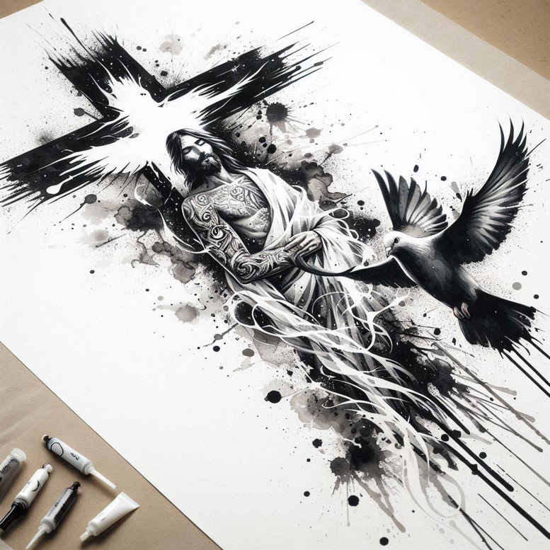 jesus-divine-light-tattoo – tattoo design ideas free ai generated – visual-truth – for-lower-thigh – Gallery: jesus-inkby-ai